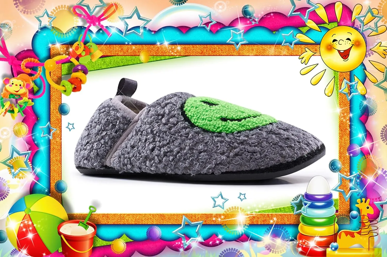Smile Face Slippers Kids Fuzzy Indoor House Slippers Toddler Home Cozy Socks Cute Face Non-Slip Rubber Sole Warm Shoes Cartoon Soft For Boys Girls