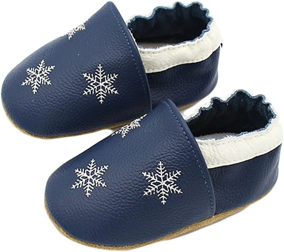 Soft Leather Slippers Baby occasins with Rubber Sole, Anti-Slip Infant Toddler First Walking Shoes for Little Baby Boys Slippers