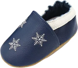 Soft Leather Slippers Baby occasins with Rubber Sole, Anti-Slip Infant Toddler First Walking Shoes for Little Baby Boys Slippers