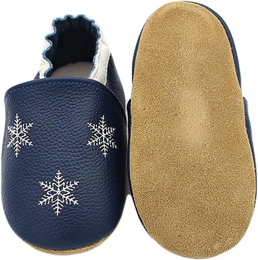 Soft Leather Slippers Baby occasins with Rubber Sole, Anti-Slip Infant Toddler First Walking Shoes for Little Baby Boys Slippers