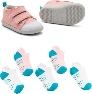 Ten Little First Walker Kids Shoes & Ankle Socks Bundle for Baby & Toddler Boys & Girls, Rose Pink Shoe Size 5, Ankle Socks with Non-Skid Grips 5 Pk
