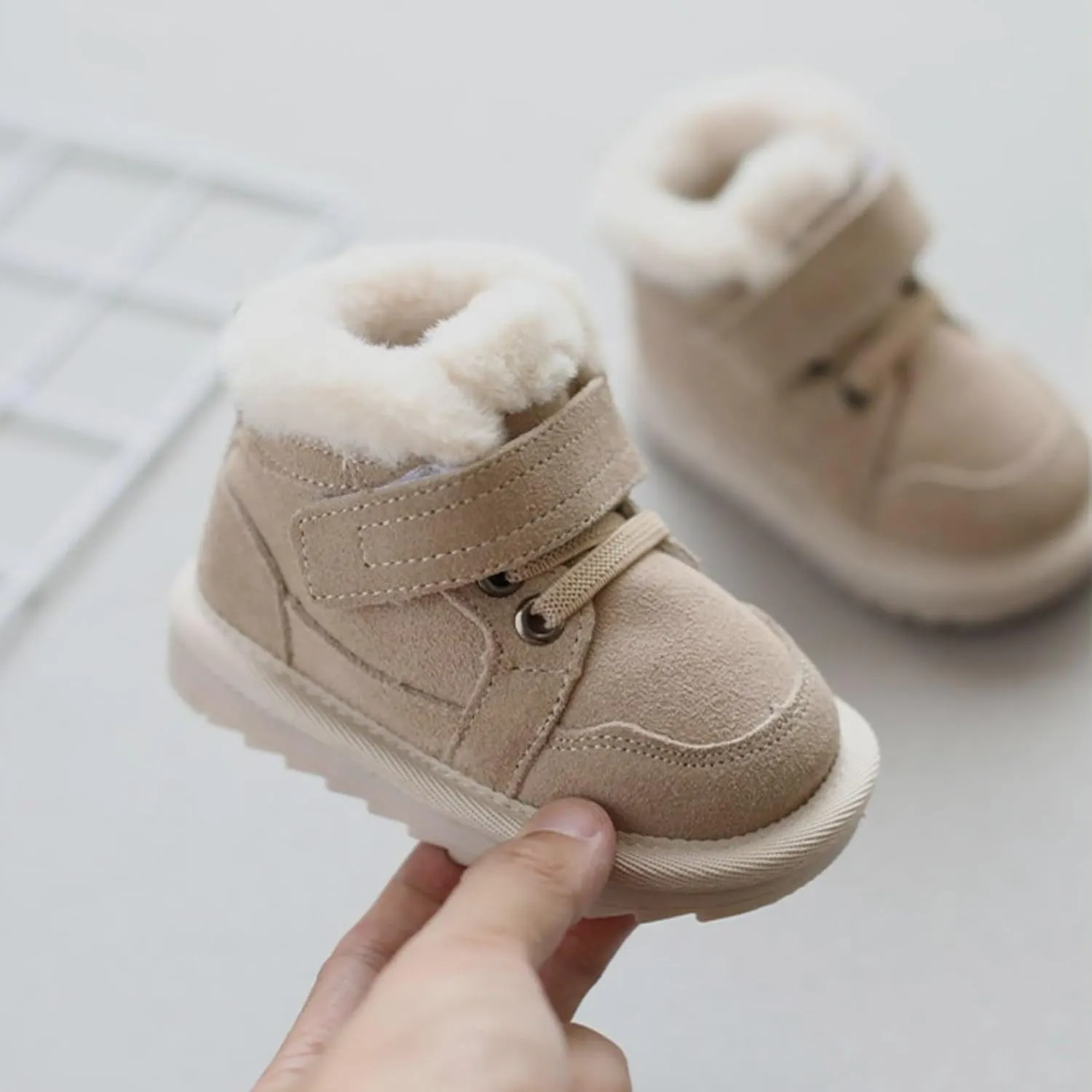 Toddler Baby Boys Girls High Tops Fleece Ankle Sneakers Soft Anti-Slip Sole PU Leather Warm First Walking Shoes