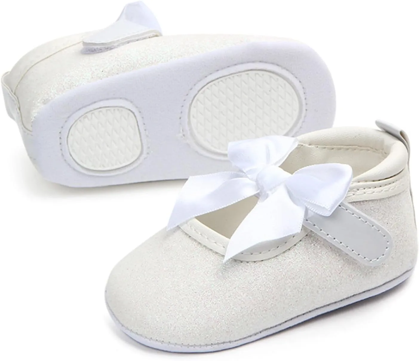 Toddler Baby Girls Mary Jane Flat Shoes Sparkly Bowknot Princess Non-Slip Lightweight First Walking Dress Shoes