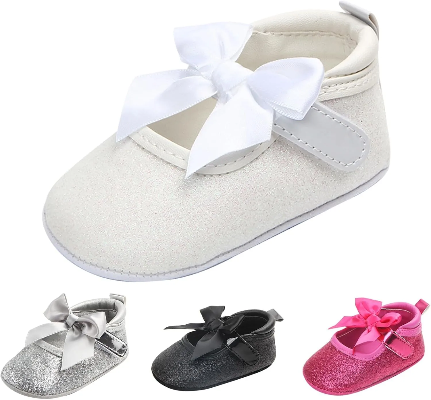 Toddler Baby Girls Mary Jane Flat Shoes Sparkly Bowknot Princess Non-Slip Lightweight First Walking Dress Shoes