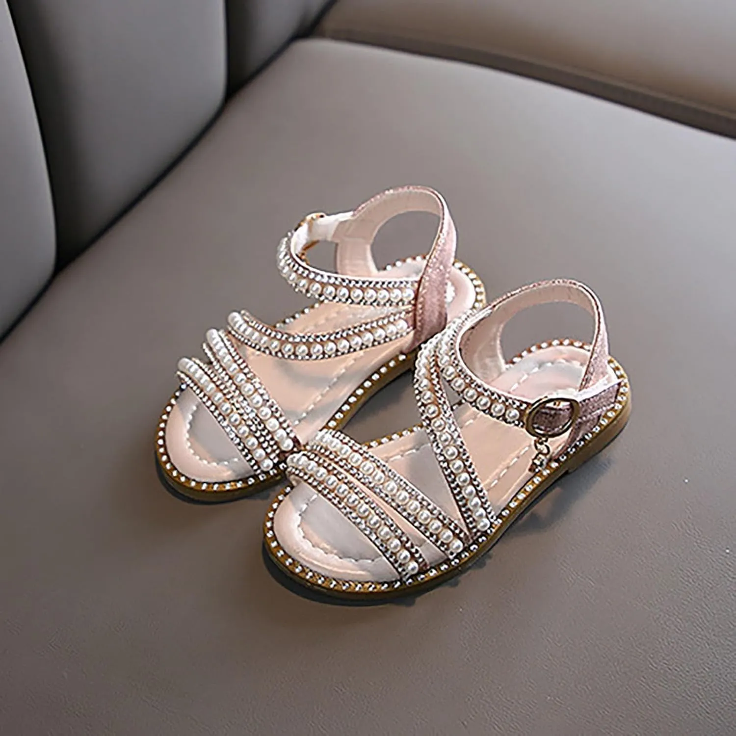 Toddler Girls Pearl Sandals Open Toe Kids Cute Flat Shoes Adjustable Slip On Soft Sole Weeding School Outdoor