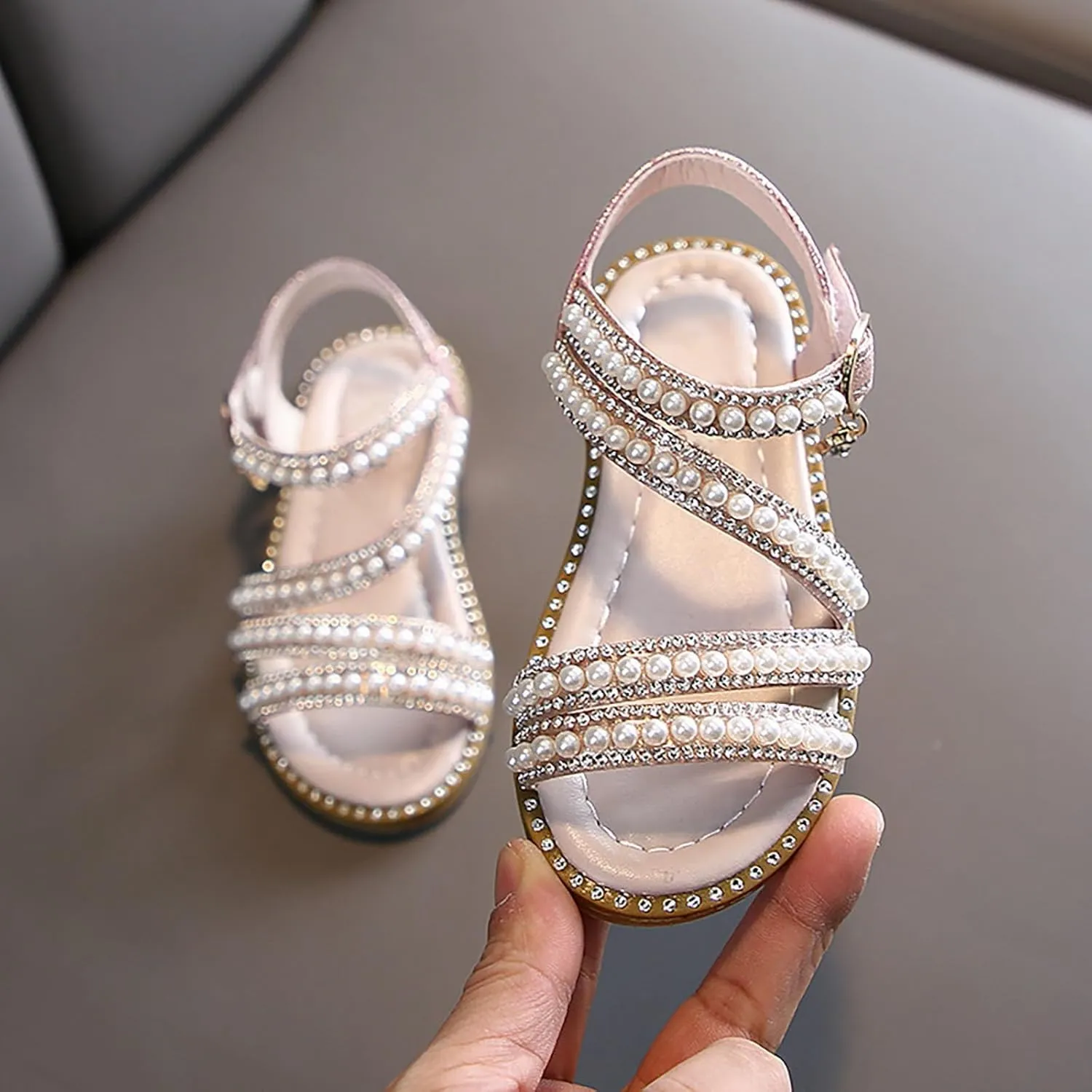 Toddler Girls Pearl Sandals Open Toe Kids Cute Flat Shoes Adjustable Slip On Soft Sole Weeding School Outdoor