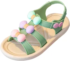 Toddler Shoes Soft Sole Non Slip Straw Soft Sole Beach Shoes Sweet Fashion Bow Sandals Cute Slippers for Girl (Green, 4Years)