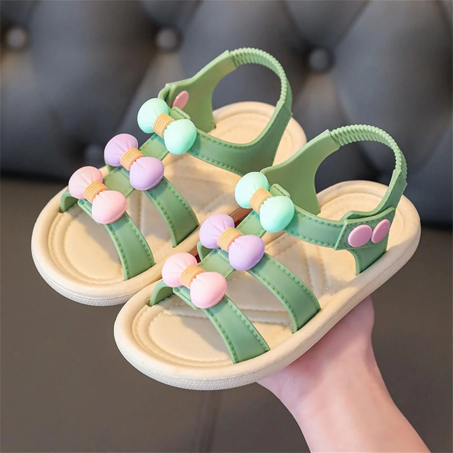 Toddler Shoes Soft Sole Non Slip Straw Soft Sole Beach Shoes Sweet Fashion Bow Sandals Cute Slippers for Girl (Green, 4Years)