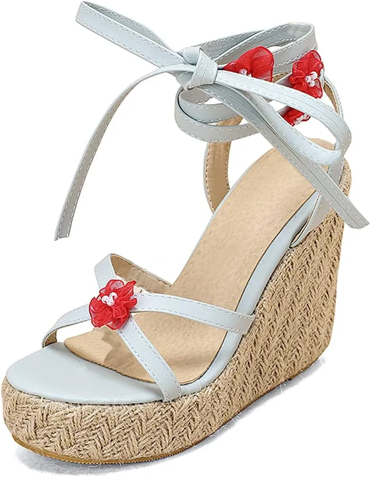 VARECOLA Wedge Sandals For Women Platform Espadrilles High Heels Straw Woven Ankle Strap Open Toe Summer Dress Shoes