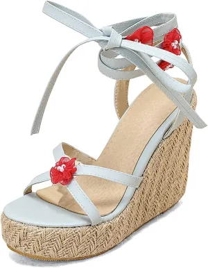 VARECOLA Wedge Sandals For Women Platform Espadrilles High Heels Straw Woven Ankle Strap Open Toe Summer Dress Shoes