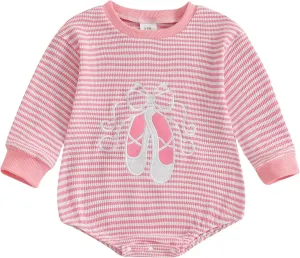 YINGISFITM Newborn Infant Baby Girl Romper Fall Winter Ballet Shoes Long Sleeve Stripe Pink Onesie Future Dancer Clothes Set
