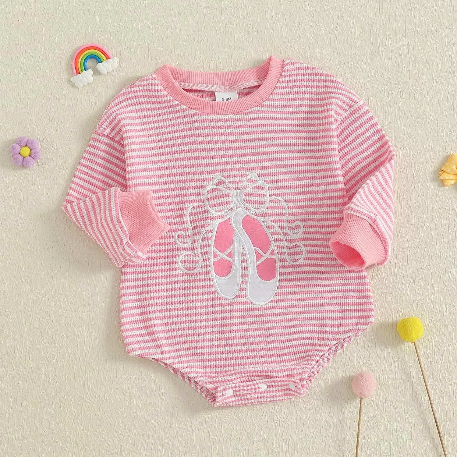 YINGISFITM Newborn Infant Baby Girl Romper Fall Winter Ballet Shoes Long Sleeve Stripe Pink Onesie Future Dancer Clothes Set