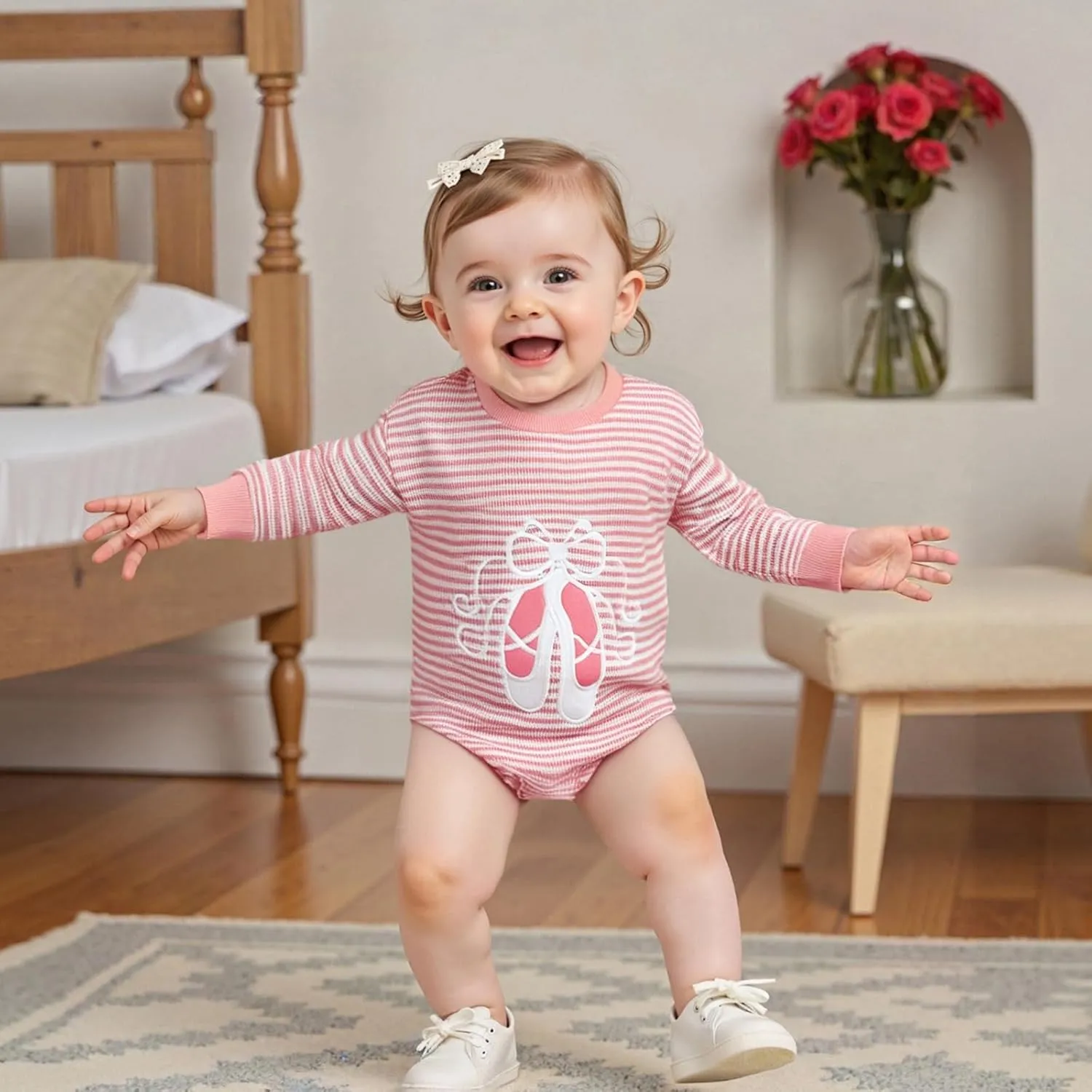 YINGISFITM Newborn Infant Baby Girl Romper Fall Winter Ballet Shoes Long Sleeve Stripe Pink Onesie Future Dancer Clothes Set
