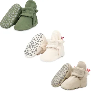 Zutano Cotton Baby Booties with Gripper Soles, Soft Sole Stay-On Baby Shoes, Bundle, Olive/Cream/Khaki, 3M
